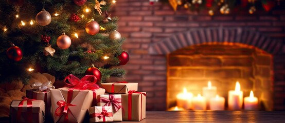 Fototapeta na wymiar Christmas Home Room, Gift Box Below Tree With Lights And Fireplace.