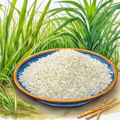White rice and paddy rice with rice plant background.