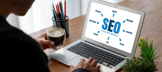 SEO search engine optimization for modish e-commerce and online retail business showing on computer...