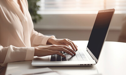 Naklejka premium Woman works intently on laptop.