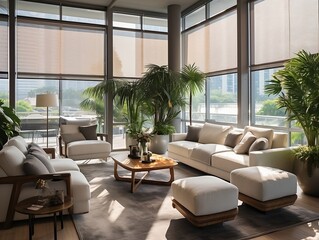 Obraz premium Interior living room with sofas and palm trees generative ai