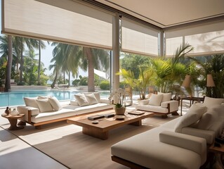 Fototapeta premium Interior living room with sofas and palm trees generative ai
