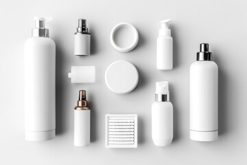 cosmetic beauty products containers on white background.