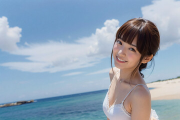 Fototapeta na wymiar 青空をバックに健康的に微笑むキャミソール姿の若い日本人女性