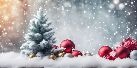Naklejka na ściany i meble Christmas snowy fir tree and Christmas toys, snow. Winter banner concept with copy space