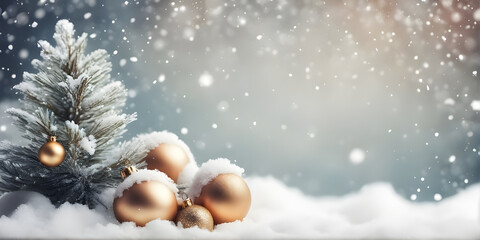 Fototapeta na wymiar Christmas snowy fir tree and Christmas toys, snow. Winter banner concept with copy space