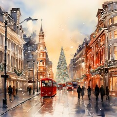 street in London during Christmas festival in watercolor painted style - obrazy, fototapety, plakaty