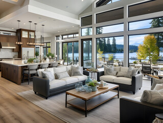 Luxury interior living room with open concept floor plan, kitchen, dining room, and wall of windows generative ai