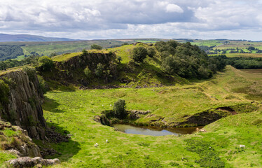 a view of Cawfield Crags at Hadrian's Wall near Once Brewed, Northumberland, UK