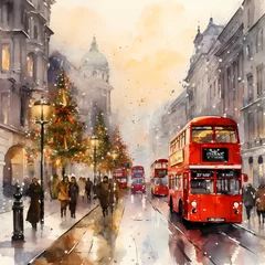 Foto op Canvas street in London during Christmas festival in watercolor painted style © Wipada