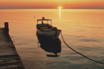 Boat mooring on sea at sunset. Generative AI
