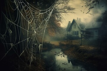 Eerie Halloween scene with spiderweb. Generative AI