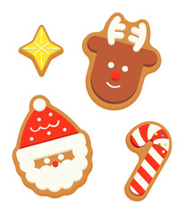 サンタ・トナカイ・キャンディケイン・星のジンジャークッキー・クッキーのベクターイラスト／12月・クリスマス・冬