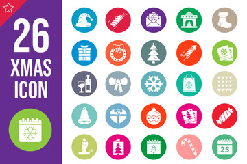 Christmas and New Year Round Icon Set Vector Illustration Isolated on Transparent Background
