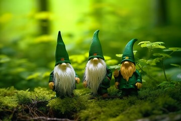 Obraz premium Toy Irish gnomes in a mystery forest, abstract green natural background.