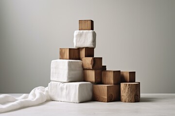 Wooden block stack on white tablecloth, gray background, white wall. Generative AI