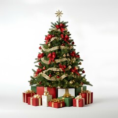 a christmas tree with presents. style 3D render, isolated on a solid white background. generative AI
