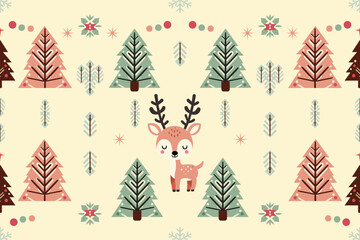 Christmas vintage ethnic seamless pattern decorated with trees and reindeer. design for background, wallpaper, fabric, carpet, web banner, wrapping paper. embroidery style.