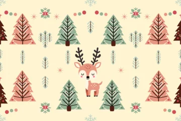 Papier Peint photo Lavable Style bohème Christmas vintage ethnic seamless pattern decorated with trees and reindeer. design for background, wallpaper, fabric, carpet, web banner, wrapping paper. embroidery style.