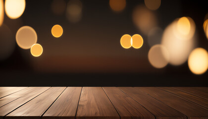 Wooden table in front of black and gold bokeh lights background