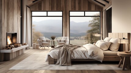 Farmhouse interior design of a modern bedroom with a fireplace and wooden floor. Big windows overlooking trees. 