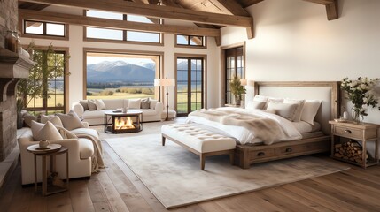 Fototapeta premium Farmhouse interior design of a modern bedroom with a fireplace and wooden floor. Big windows overlooking trees. 