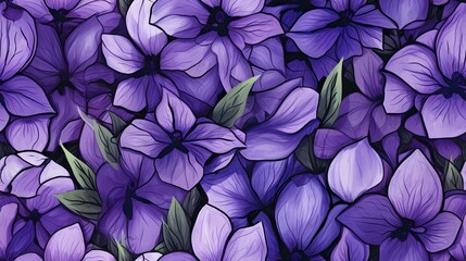 Fototapeta na wymiar a painting of purple flowers with green leaves on them and a black background. generative ai
