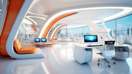 Futuristic technology open space office interior. Corporate office for strategy of finance, operations, marketing.