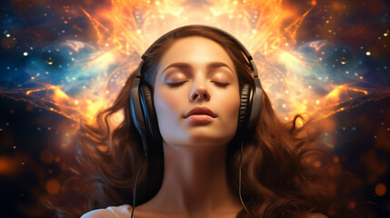 Obraz na płótnie Canvas Healing Sounds and Sound Therapy. sound vibrations open, clear, and balance chakras and energy. Woman in headset in sound healing therapy and meditation