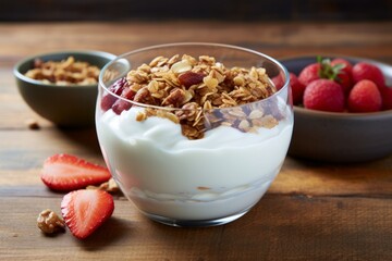 jar of blueberry strawberry and banana yogurt with granola, healthy breakfast concept