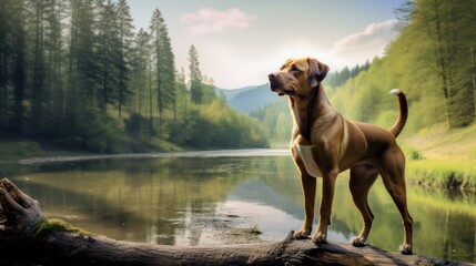 dog standing in front of lake and forest - Powered by Adobe