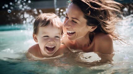 a child and mother enjoy playful moments together in the pool