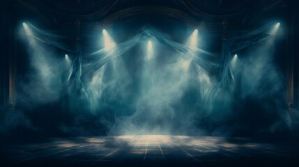 illuminated stage with blue lights and smoke on black background
