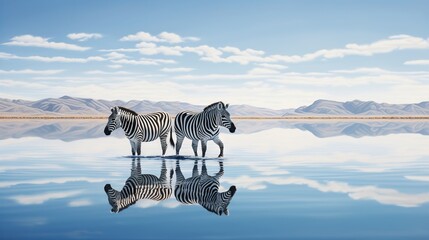 Fototapeta na wymiar two zebras are standing in the middle of the water. generative ai