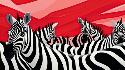  a painting of a group of zebras in front of a red background.  generative ai