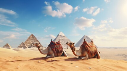 Egypt. Cairo - Giza. a camel in front of There is a pyramid in the background