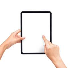Hand Touching Black Tablet Pad Screen with black tablet computer, isolated on white background. Hand pointing scrolling screen presentation Mockup. © Sandra