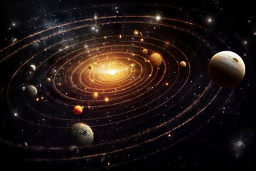 Our 3d Solar system with planets in orbits path.