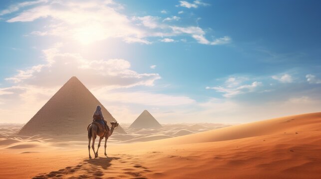 Back view woman riding a camel in the desert, There is a pyramid in the background