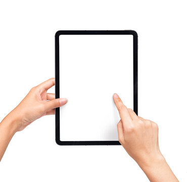Hand Touching Black Tablet Pad Screen with black tablet computer, isolated on white background. Hand pointing scrolling screen presentation Mockup.