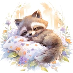 A sleepy baby raccoon in a bedding. watercolor illustration.