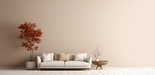 Minimalistic interior background. Japandi. Sofa, coffetable, and plant against a beige wall with copyspace. Autumn theme