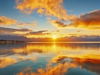 Fototapeta premium Bright sunset over Lake golden clouds reflect in the water.