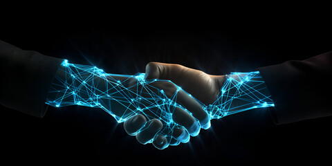 The handshake of man and artificial intelligence.Futuristic Partnership Images.Photo technology