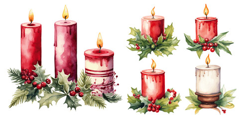 christmas candle and holly decorations