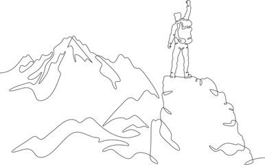 One continuous line drawing.Linear. Hand drawn,white background. Man on top of the mountain. Success. The joy of victory. Peak of the mountain. Climbing. Beautiful landscape.