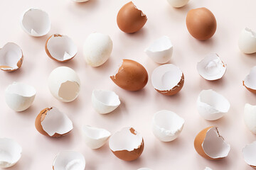 Springtime easter layout. Empty broken chicken eggshells.