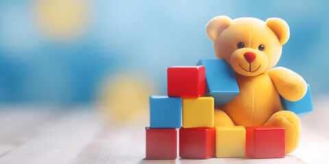 Cuddly Cute teddy bear soft plush toy Blue Teddy Bear with Yellow and Red Cube 
 generative AI