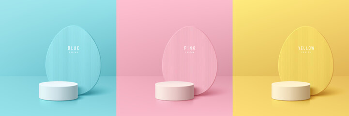 Set of 3D easter day background. Yellow, blue, pink and white pedestal podium with egg shape backdrop scene. Pastel minimal abstract rooms. Mockup product display. Geometric platforms. Stage showcase.