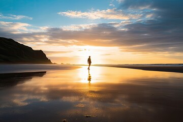 A person walking on the beach at sunset.